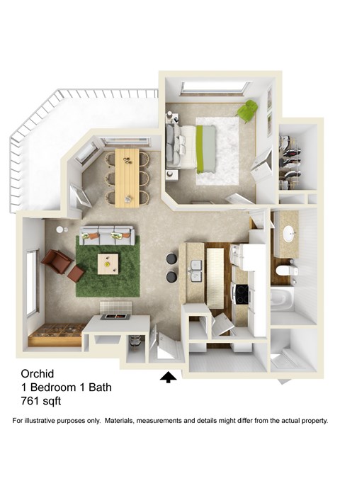 Floor plan for 1 bed, 1 bath, 761 sqft